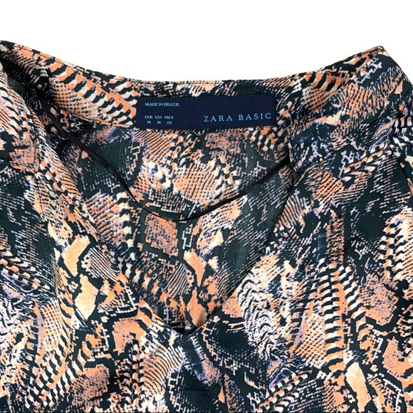 ZARA Satin-Like Long Sleeve Top Navy Peach Bell Sleeve Tunic Top V-Neck M20 - Picture 9 of 9